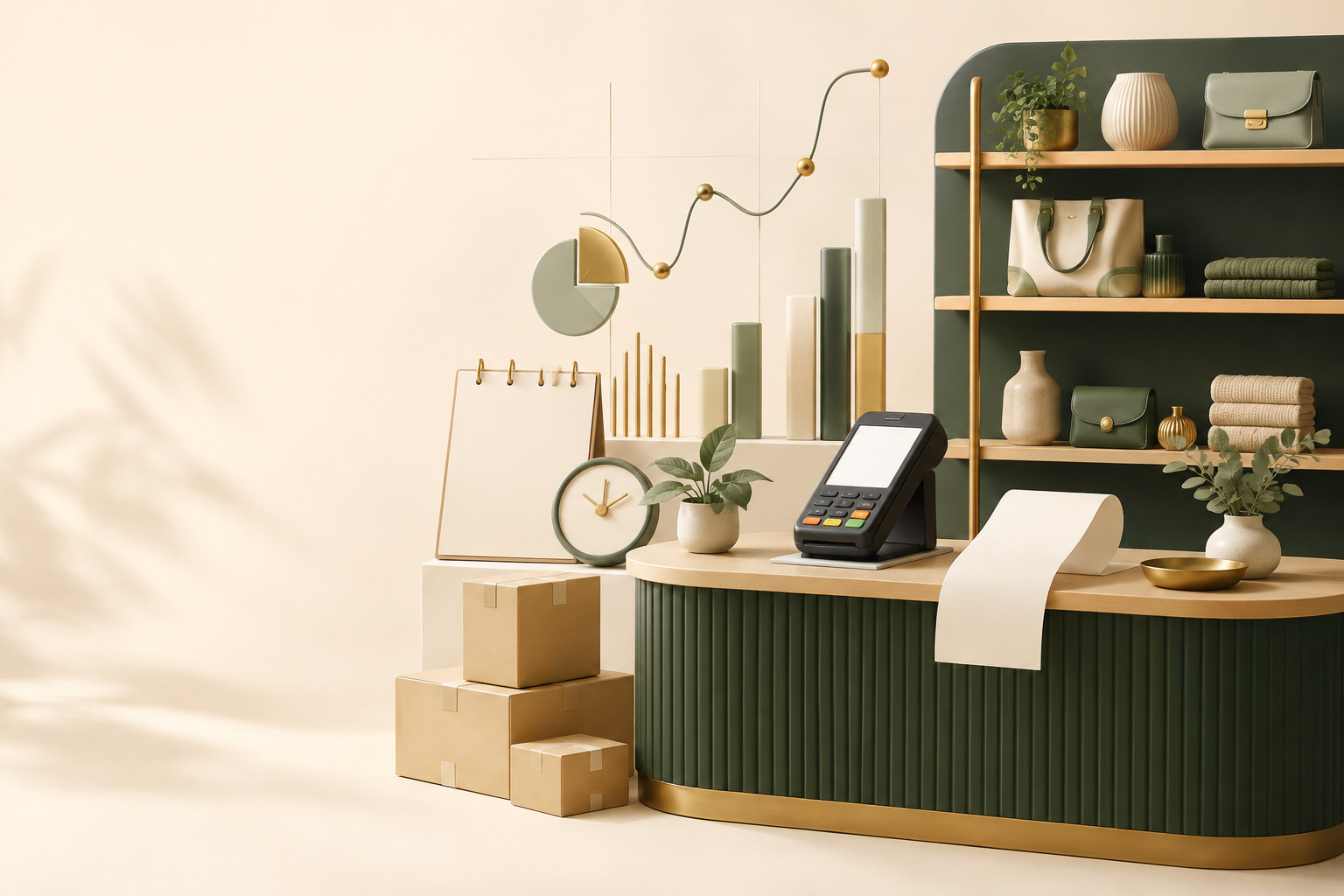 Illustration of a modern independent shop connected to sales, inventory, services, and invoicing